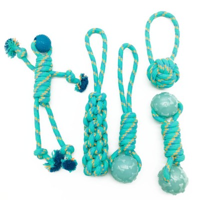 NEW Blue Natural Cotton Rope Dog Toy Play Fetch Tug of War Teething Puppy Chew Toy 5 packs