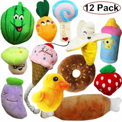 Multiple shape cute cartoon squeaky plush dog toy , 10 11 12 packs soft dog plus toy set